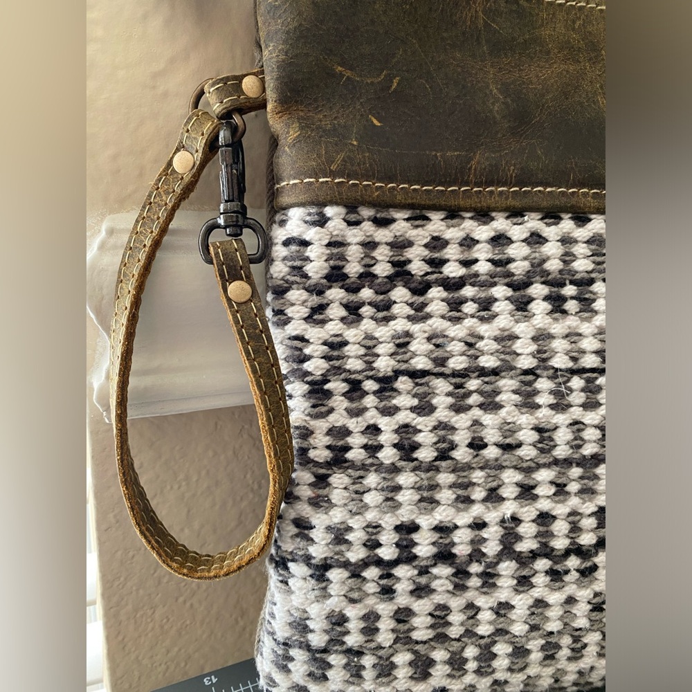 Myra Crossbody Bag Upcycled Tweed Gray Brown Cream Fall Western Leather Wristlet - Picture 3 of 15